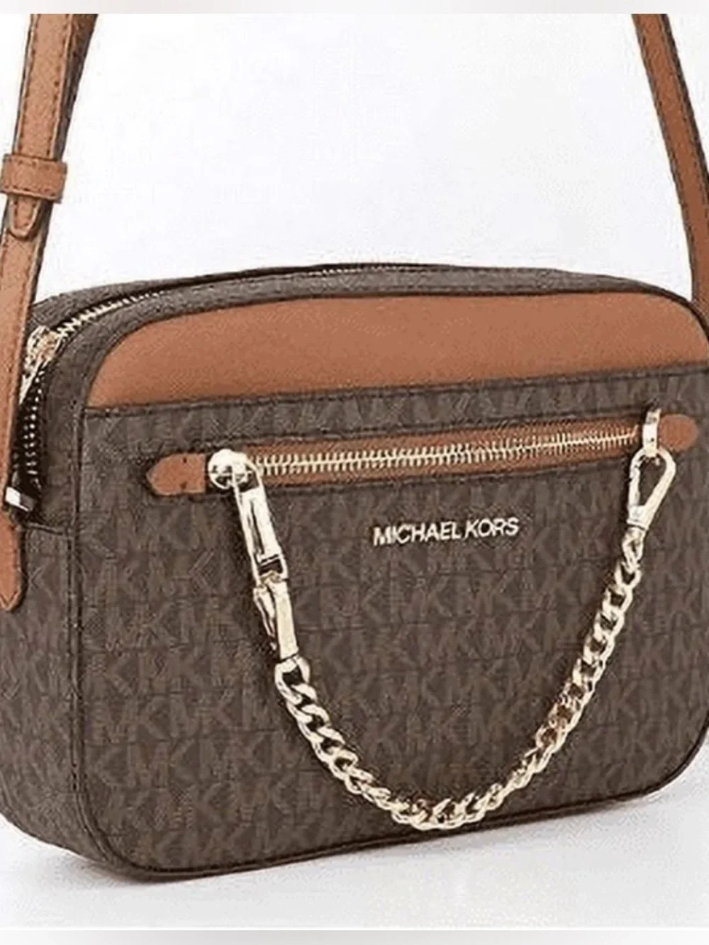 Michael Kors Brown/Tan Gold Tone Hardware Jet Set Large Logo Crossbody Bag